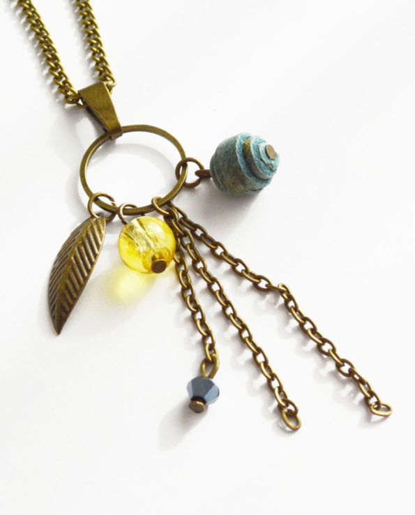 Turquoise Rolled Leather Bead and Yellow Glass Bead Serenity Necklace ...